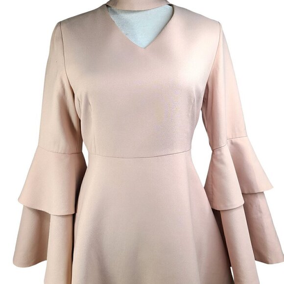 FEW MODA Blush Beige Fit Flare Bishop Sleeve Choker Dress - Picture 2 of 7